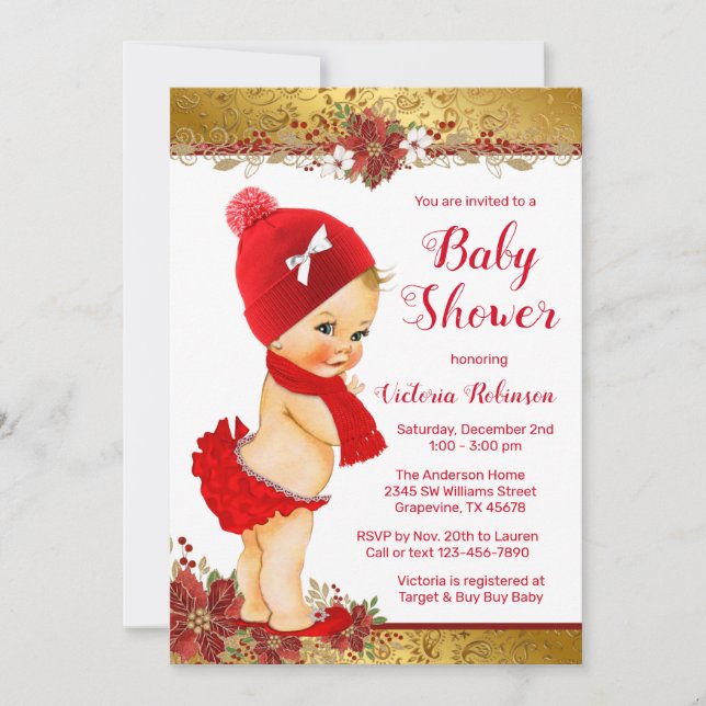 Girl Red Gold Weihnachtsdusche Blonde Einladung (Vorderseite)