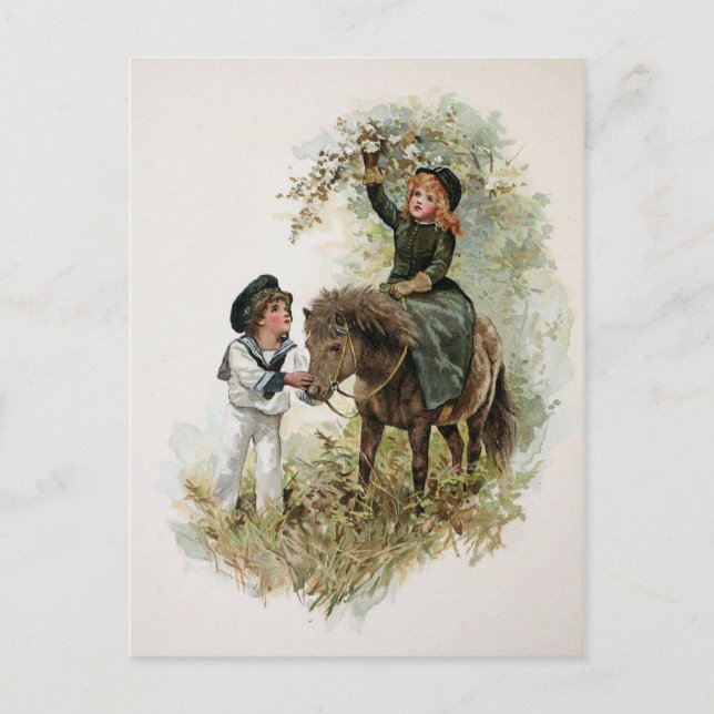 Girl Rides Shetland Pony Vintag Postkarte (Vorderseite)