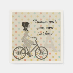 Girl Riding Bike in Paris Polka Dot Custom Text Serviette
