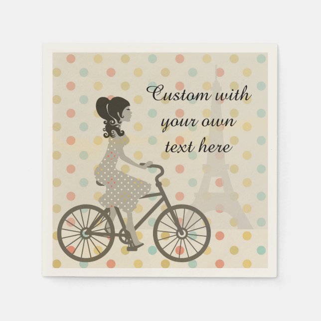 Girl Riding Bike in Paris Polka Dot Custom Text Serviette (Vorderseite)