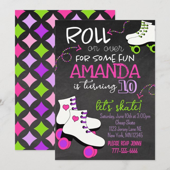 Girl Roller Skaten Chalkboard Geburtstag Einladung (Vorne/Hinten)
