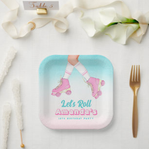 Girl Roller Skaten Pink und Blue Birthday Pappteller