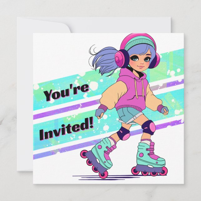 Girl Roller Skaten zum Geburtstag Einladung (Vorderseite)