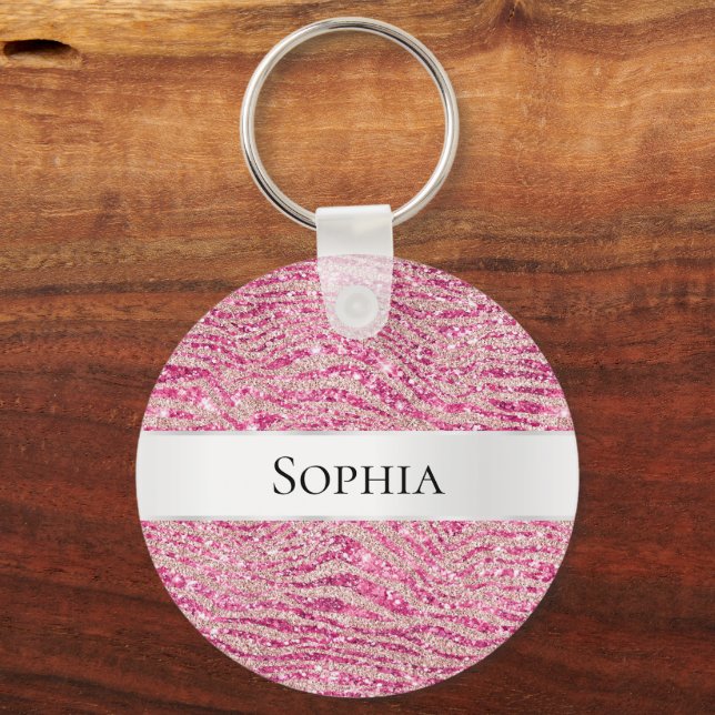Girl-Rosa-Glitzer Zebra Name Schlüsselanhänger (Vorderseite)
