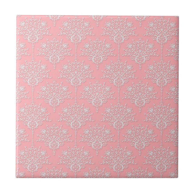 Girl-Rosa- und White-Damask-Muster Fliese (Vorderseite)