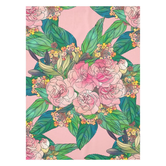Girl-Rosa Wasserfarbe Blumenfarbe Tischdecke (Vorderseite)
