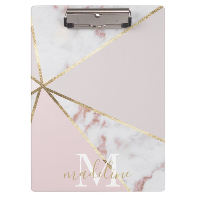 Girl Rose Gold Blush Geometric Monogram Clipboard Klemmbrett (Vorderseite)