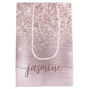 Girl Rose Gold Blush Glitzer Monogram Name Script Mittlere Geschenktüte