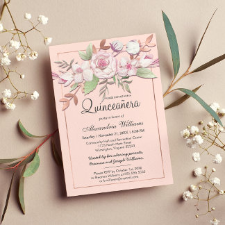 Girl Rose Gold Blush Pink Floral Quinceañera Einladung