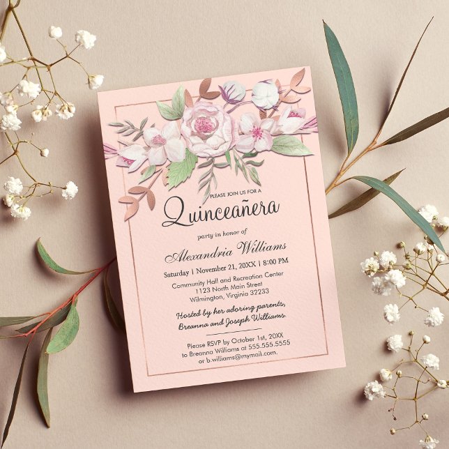 Girl Rose Gold Blush Pink Floral Quinceañera Einladung (Girly Rose Gold Blush Pink Floral Quinceañera)