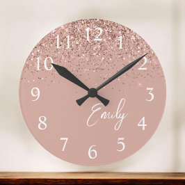 Girl Rose Gold Blush Pink Glitzer Monogram Runde Wanduhr