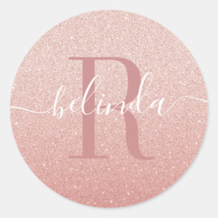 Girl Rose Gold Blush Pink Monogram Name Runder Aufkleber