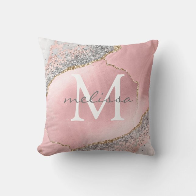 Girl Rose Gold Blush Rosa Glitzer Monogram Name Kissen (Vorderseite)