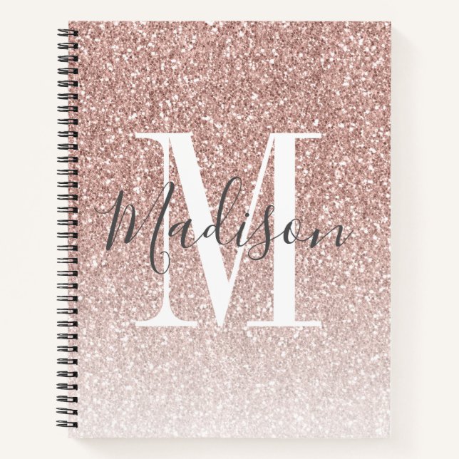 Girl Rose Gold Blush Rosa Glitzer Monogram Name Notizbuch (Vorderseite)