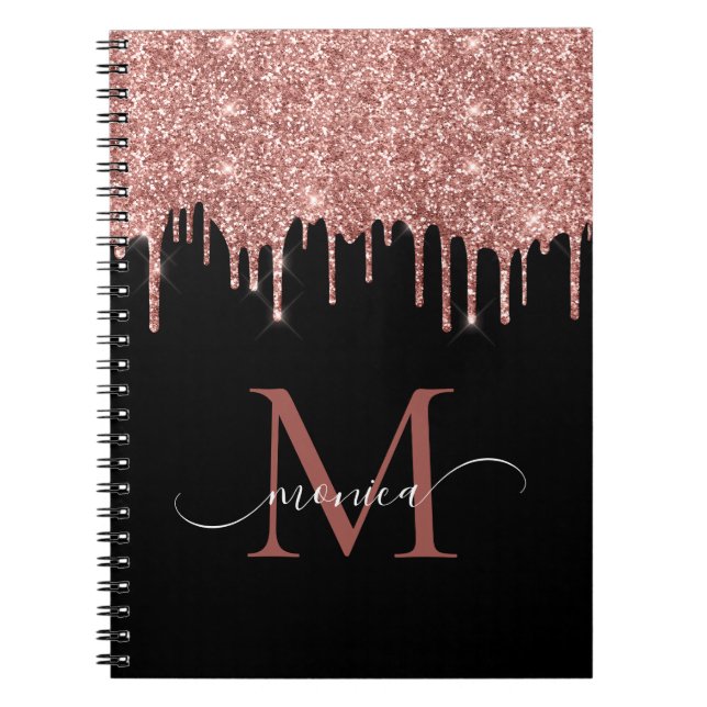 Girl Rose Gold Glitzer Blush Monogram Name Black Notizblock (Vorderseite)