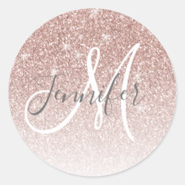 Girl Rose Gold Glitzer Blush Monogram Name Runder Aufkleber