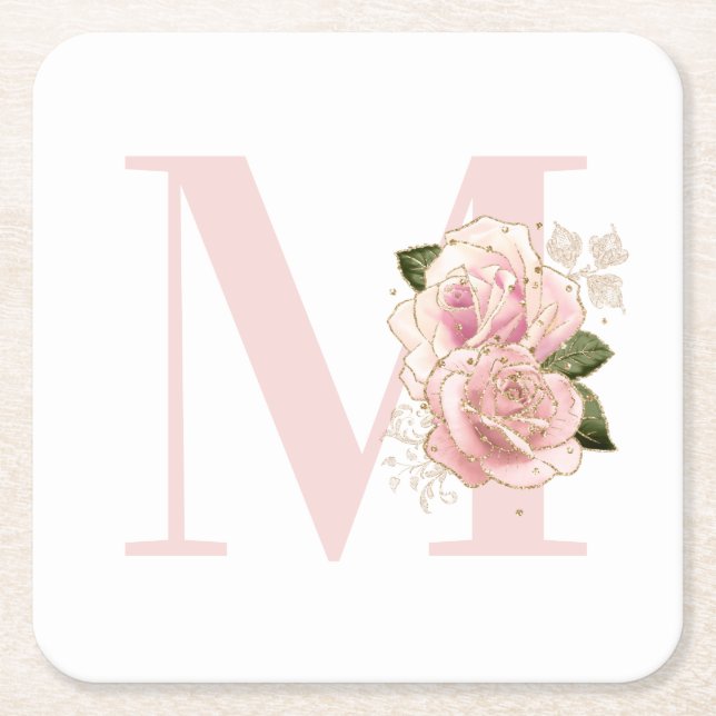 Girl Rose Gold Glitzer Blush Monogramm Rechteckiger Pappuntersetzer (Vorderseite)