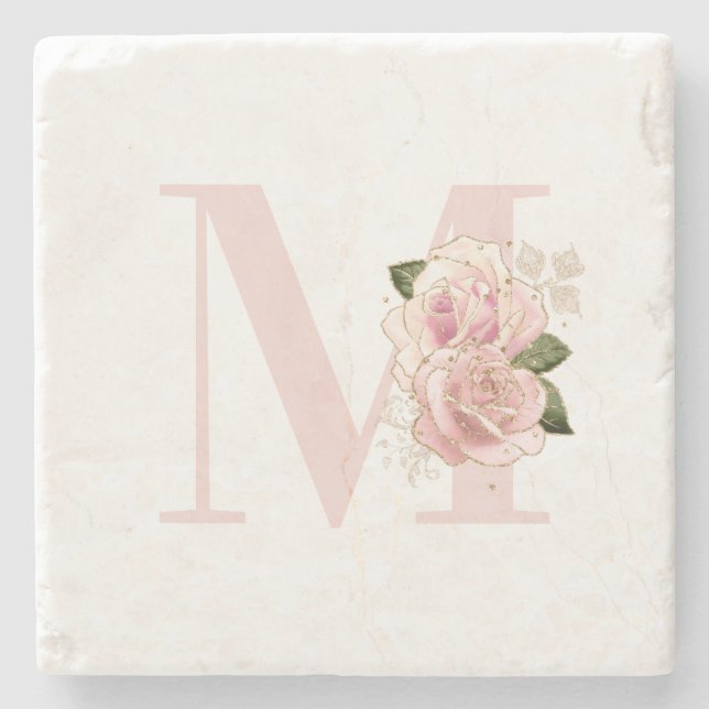 Girl Rose Gold Glitzer Blush Monogramm Steinuntersetzer (Vorderseite)