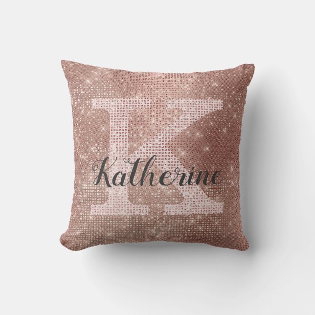 Girl Rose Gold Glitzer Glam Sparkle Monogramm Name Kissen (Vorderseite)