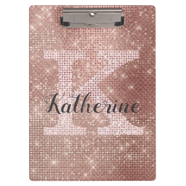Girl Rose Gold Glitzer Glam Sparkle Monogramm Name Klemmbrett (Vorderseite)