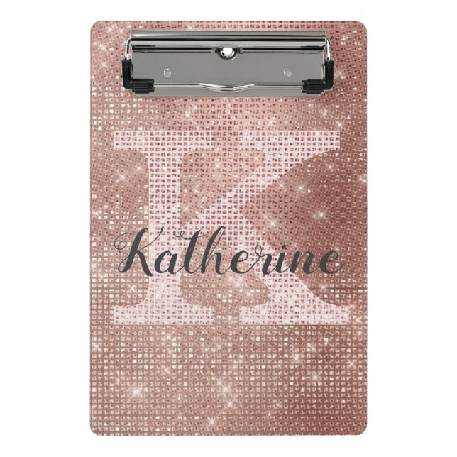 Girl Rose Gold Glitzer Glam Sparkle Monogramm Name Mini Klemmbrett (Vorderseite)