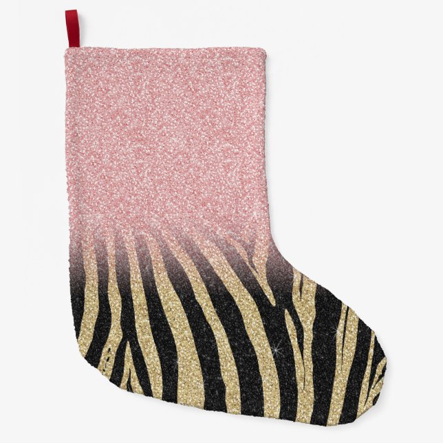 Girl Rose Gold Glitzer Glitzern Black Zebra Print Großer Weihnachtsstrumpf (Vorderseite)