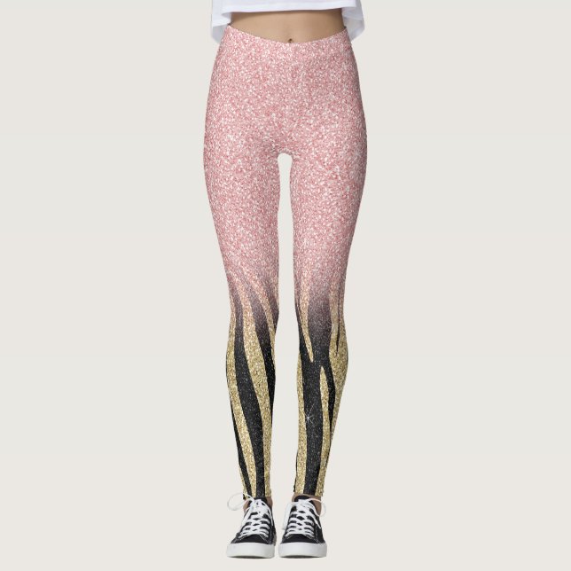 Girl Rose Gold Glitzer Glitzern Black Zebra Print Leggings (Vorderseite)