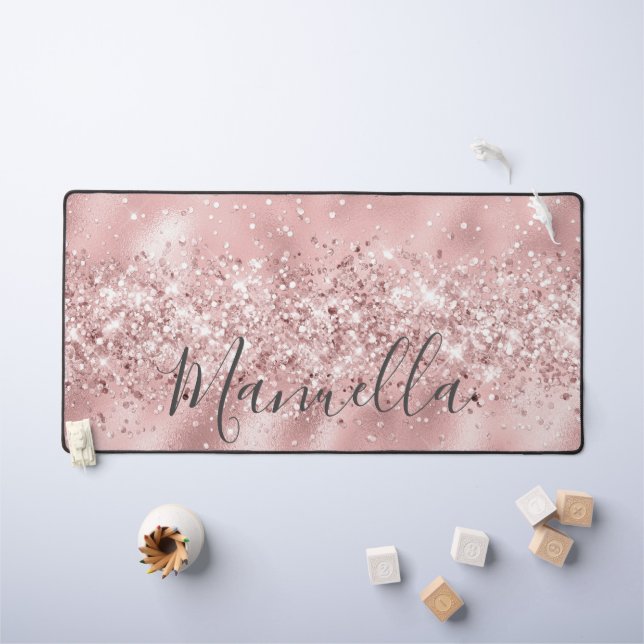 Girl Rose Gold Glitzer Individuelle Name Monogram Schreibtischunterlage (Kindertisch)
