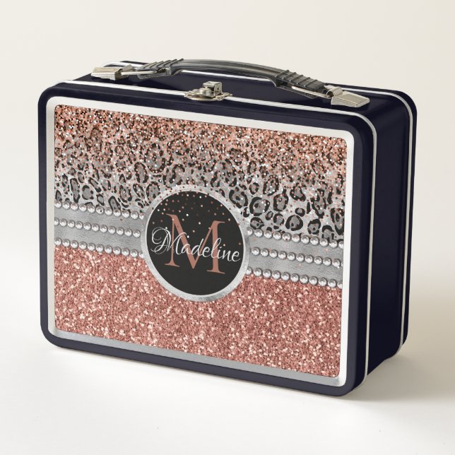 Girl Rose Gold Glitzer Leopard Monogram Metall Brotdose (Vorderseite)