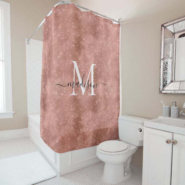 Girl Rose Gold Glitzer Sparkle Monogram Script Duschvorhang (Beispiel)