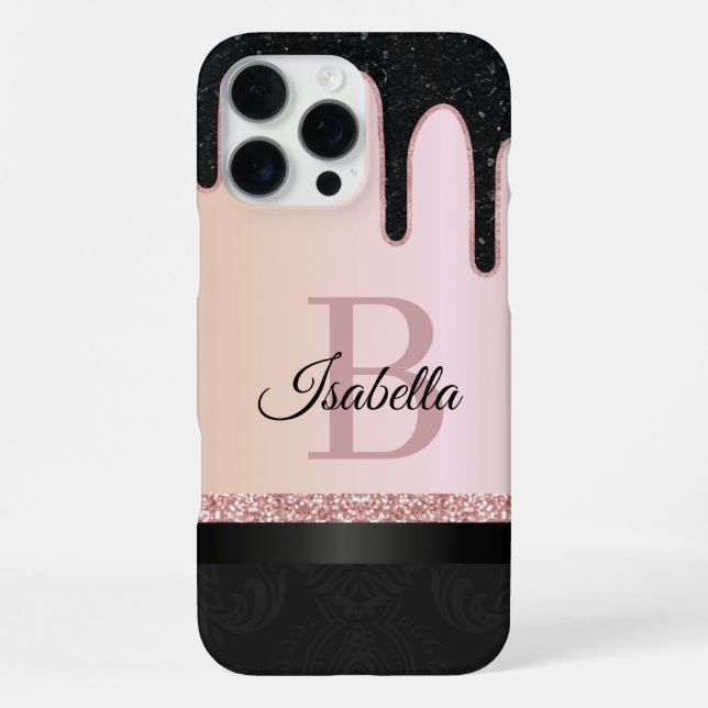 Girl Rose Gold Glitzer Sparkle und Monogram Name iPhone 16 Pro Max Hülle (Rückseite)