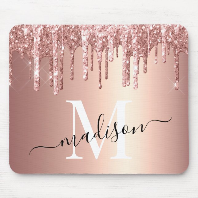 Girl Rose Gold Glitzer Tropfen Foil Monogram Mousepad (Vorne)