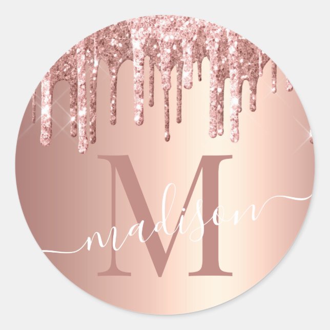 Girl Rose Gold Glitzer Tropfen Foil Monogram Runder Aufkleber (Vorderseite)