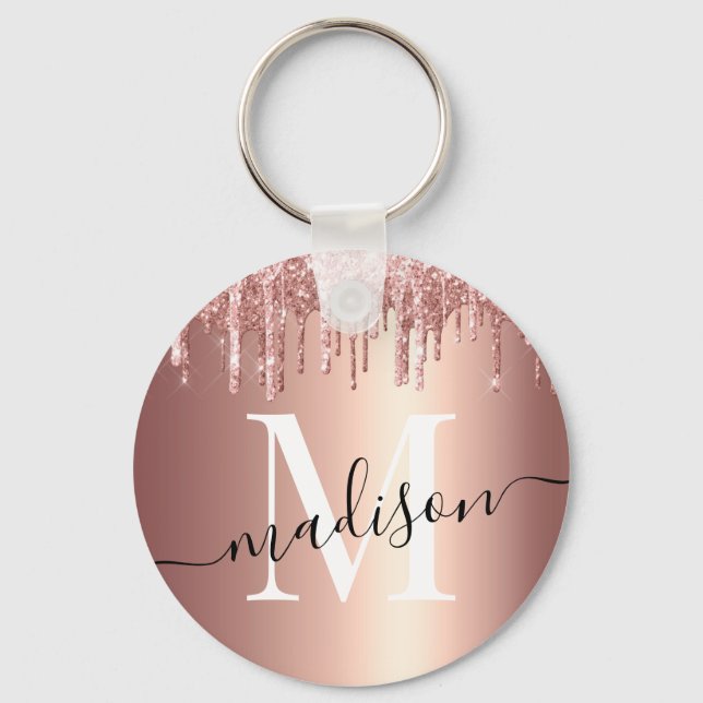 Girl Rose Gold Glitzer Tropfen Foil Monogram Schlüsselanhänger (Vorderseite)