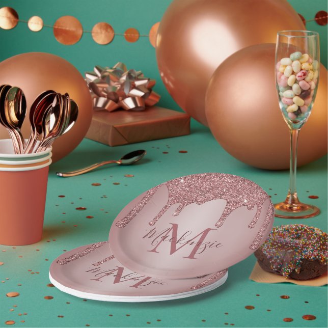 Girl Rose Gold Glitzer Tropfen Monogram Birthday Pappteller (Multi)