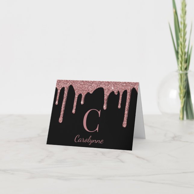 Girl Rose Gold Glitzer Tropfen Monogramm Dankeskarte (Vorderseite)