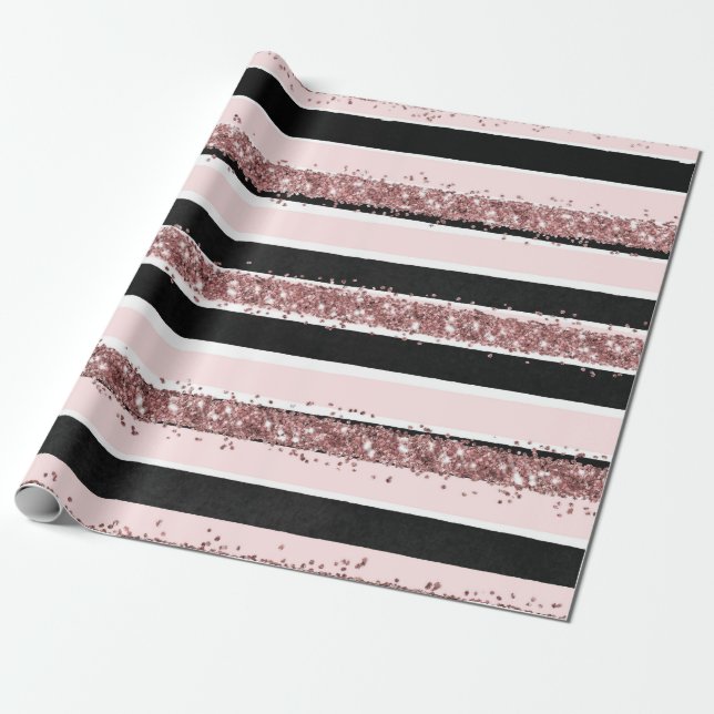 Girl Rose Gold Rosa Schwarzer Glitzer Streifen Mus Geschenkpapier (Ungerollt)