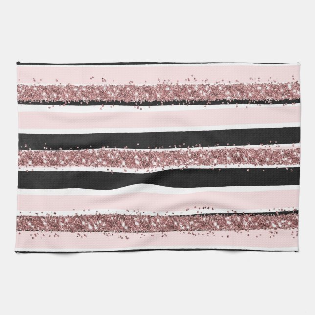 Girl Rose Gold Rosa Schwarzer Glitzer Streifen Mus Geschirrtuch (Horizontal)