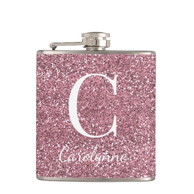 Girl Rose Gold Sparkle Glitzer Monogram Flachmann (Vorderseite)