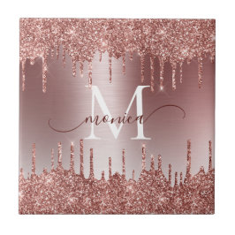 Girl Rose Gold Sparkle Glitzer Tropfen Mit Monogra Fliese