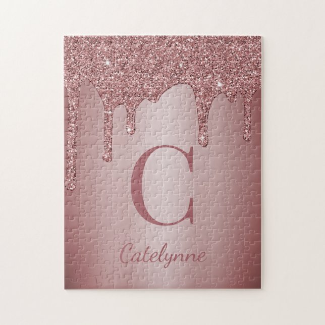 Girl Rose Gold Sparkle Glitzer Tropfen Monogram (Vertikal)