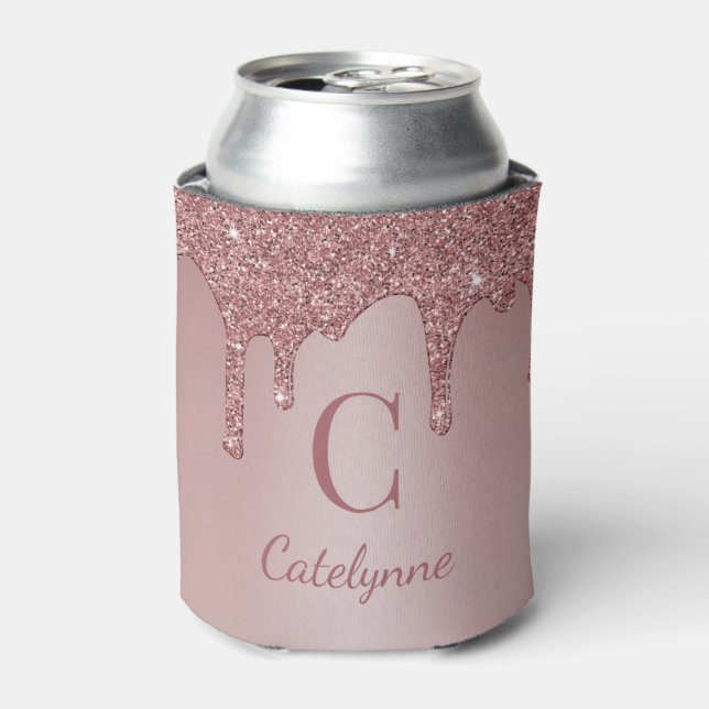 Girl Rose Gold Sparkle Glitzer Tropfen Monogram Dosenkühler (Kanne Vorderseite)