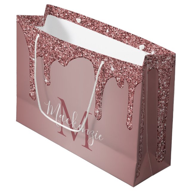 Girl Rose Gold Sparkle Glitzer Tropfen Monogram Große Geschenktüte (Vorderseite Schrägansicht)
