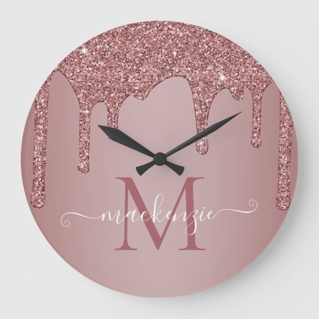 Girl Rose Gold Sparkle Glitzer Tropfen Monogram Große Wanduhr (Vorderseite)