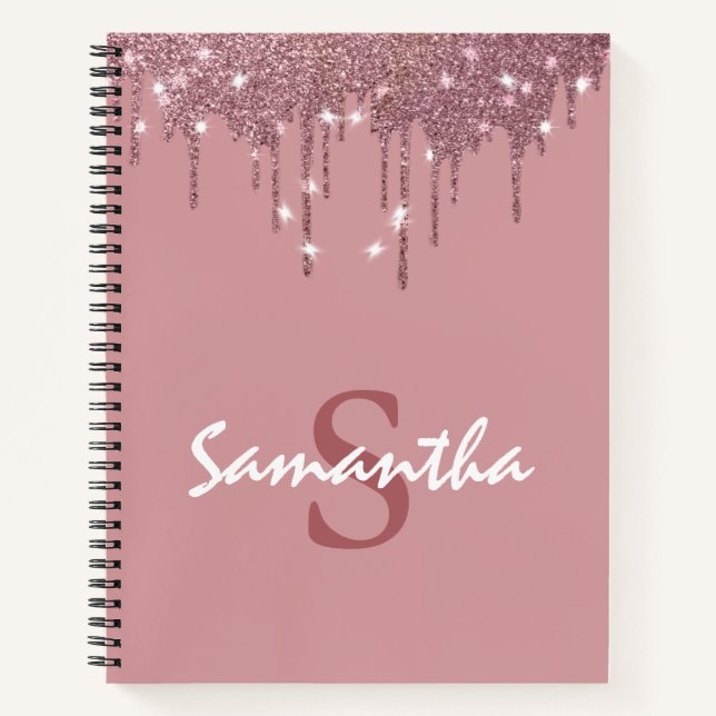 Girl Rose Gold Sparkle Glitzer Tropfen Monogram Notizbuch (Vorderseite)