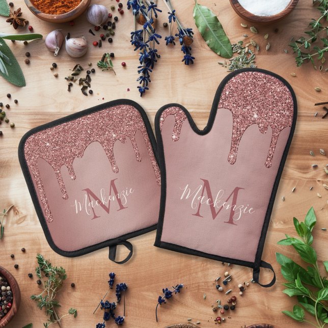 Girl Rose Gold Sparkle Glitzer Tropfen Monogram Ofenhandschuh & Topflappen-Set (Girly Rose Gold Sparkle Glitter Drips Monogram Oven Mitt & Pot Holder Set)