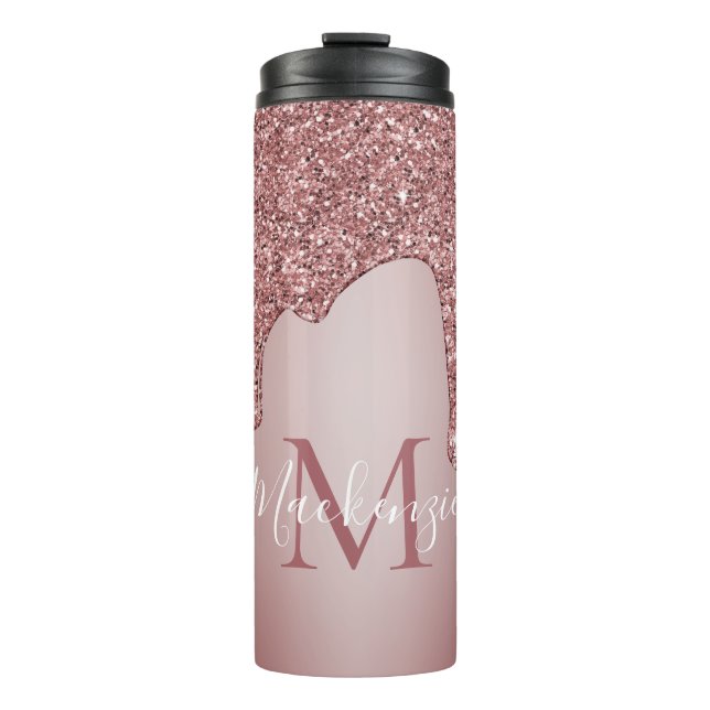 Girl Rose Gold Sparkle Glitzer Tropfen Monogram Thermosbecher (Vorderseite)