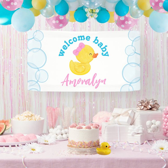 Girl Rubber Duck Begrüßungsname Hängend Banner (Girl Rubber Duck Welcome Baby Name Hanging Vinyl Baby Shower Banner)