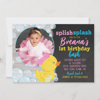 Girl Rubber Duck Chalkboard & Pink Foto Geburtstag Einladung