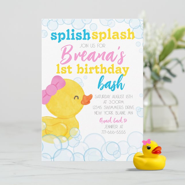 Girl Rubber Duck Splish Splash Geburtstag Einladung (Girl Rubber Ducky 1st Birthday Party Invites. Available printed with envelopes or digital download)